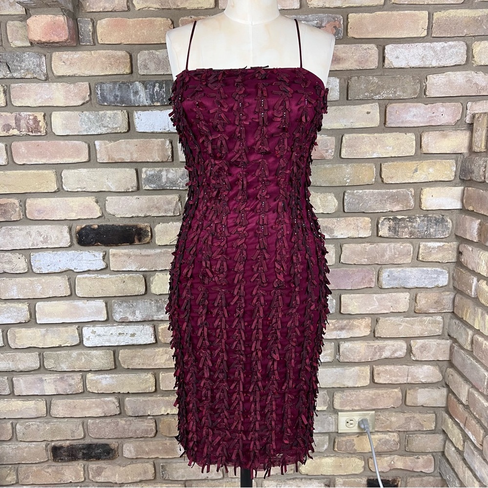 GILAR 90s dark red mini dress with mini bow appliqués and beaded accents